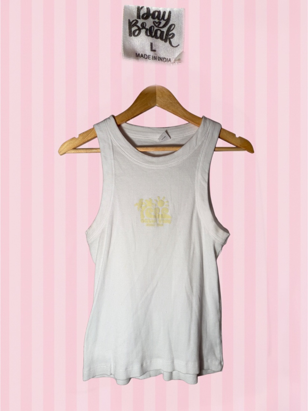 White Ribbed Tank with Pale Yellow Chest Graphic